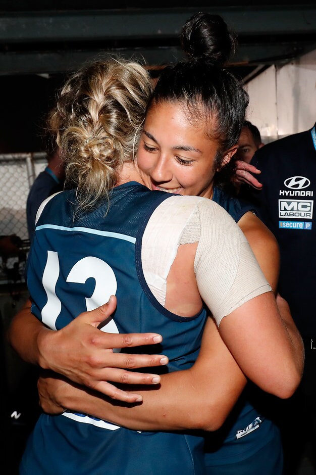 AFLW 2017 Rd 01 - Carlton v Collingwood Captain Lauren Arnell hugs Darcy Vescio after Carlton's big win - AFLW